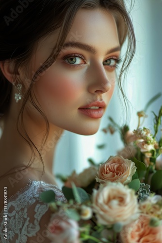 Beautiful Bride With Floral Bouquet in Soft Natural Light at Wedding Venue
