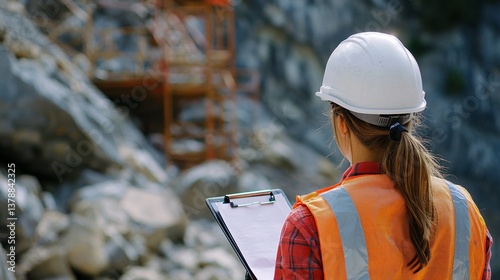 Civil Engineer Inspecting Construction Site from Behind, Wearing White Hard Hat and Reflective Safety Vest, Holding Clipboard