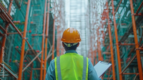 Civil Engineer Inspecting Construction Site from Behind, Wearing White Hard Hat and Reflective Safety Vest, Holding Clipboard for Project Assessment