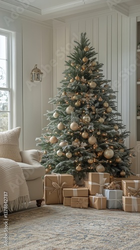 Christmas Tree Decorated With Gold Ornaments Beside Presents in Cozy Living Room