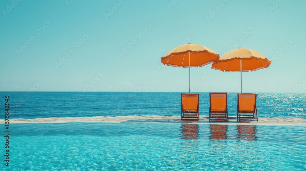 Fototapeta premium Single sunbed and umbrella beside turquoise swimming pool in tropical resort, symbolizing solitude, peaceful vacation, and minimal relaxation in summer paradise. Banner with copy space