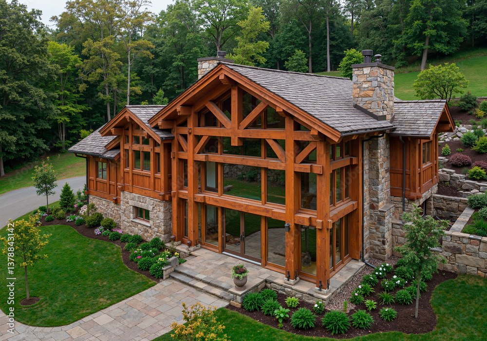 Modern wooden house with stone accents surrounded by greenery Modern wooden house with stone accents surrounded by greenery