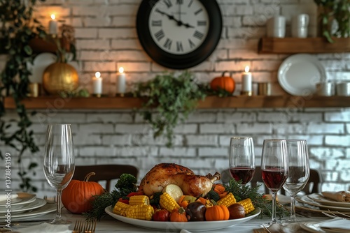 Festive Dinner Table Adorned With Roasted Turkey and Seasonal Decorations for...