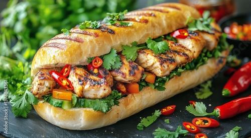 Grilled Chicken Sandwich With Fresh Herbs and Chili Peppers on a Wooden Surface