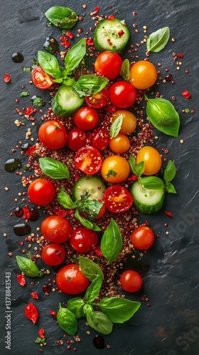 Fresh Vegetable Salad With Colorful Tomatoes and Quinoa Served on a Black Sla...