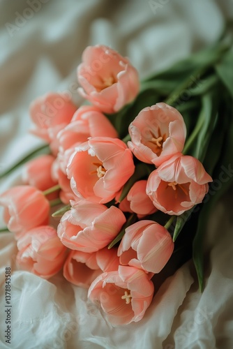 Delicate Pink Tulips Arranged Beautifully on Soft Fabric
