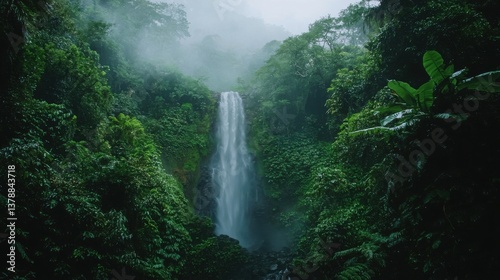 Wallpaper Mural A majestic waterfall cascades down a cliff face surrounded by lush vibrant green tropical rainforest foliage in a misty atmosphere creating a serene and tranquil scene. Torontodigital.ca