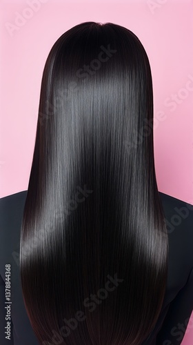 Long, Shiny Black Hair With a Smooth Texture Against a Soft Pink Background