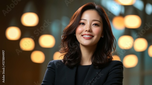 Confident asian business woman portrait in modern office setting with warm ambient lighting