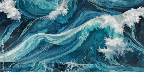 Beautiful soft blue sea water, ocean wave background. Soft blue and white hand printed creative marble texture ocean background.
