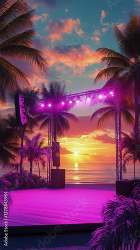 Beautiful Sunset at a Tropical Beach With Vibrant Colors and Palm Trees Surro...