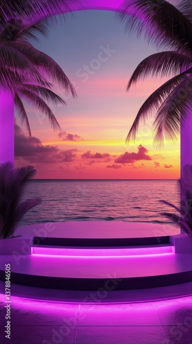Beautiful Sunset at a Tropical Beach With Vibrant Colors and Palm Trees Surro...