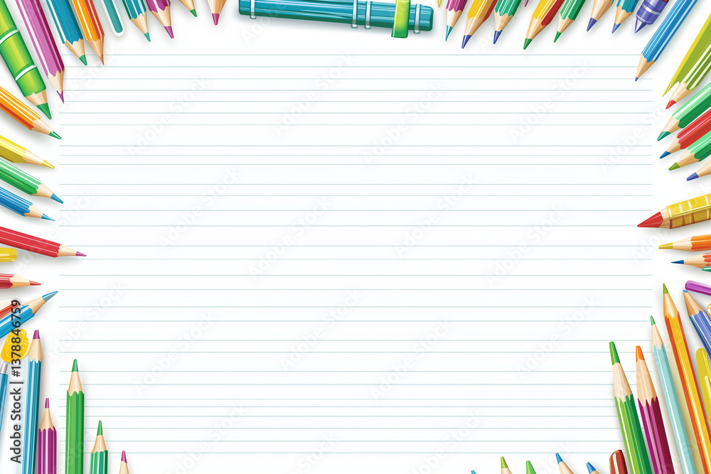 Fototapeta premium Colorful Pencils Frame on Lined Paper Background Perfect for School Projects and Creative Designs