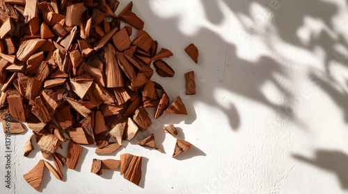 Whole sandalwood shavings in different sizes scattered