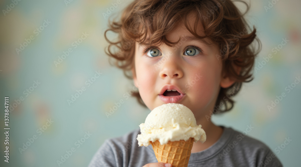 A scoop of ice cream in a cone in the hands of an adorable boy, selective focus A scoop of ice cream in a cone in the hands of an adorable boy, selective focus