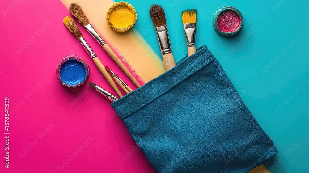 Bright creative flat lay of eco fabric bag with colorful paintbrushes jars of paint on vibrant background,symbolizing art, creativity, artistic expression sustainable accessories. Banner.Copy space