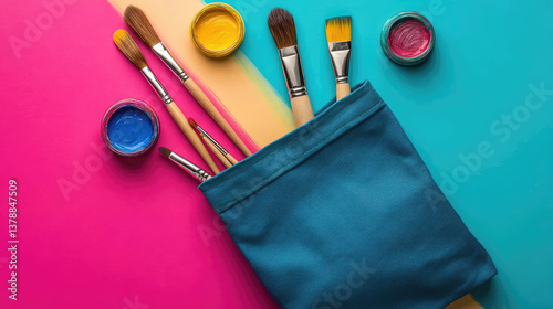Obraz na płótnie Bright creative flat lay of eco fabric bag with colorful paintbrushes jars of paint on vibrant background,symbolizing art, creativity, artistic expression sustainable accessories. Banner.Copy space w salonie