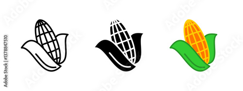 Corn icon. Yellow corn cob with green husk vector illustration. Organic vegetable symbol used for farming, agriculture and healthy food or grain nutrition themes.