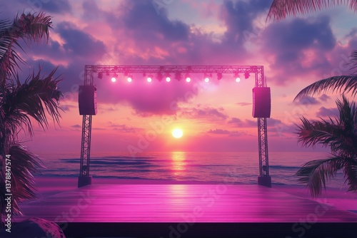 Beautiful Coastal Sunset With Colorful Lights and Tropical Plants