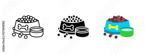 Pet food icon. Dog bowl filled with dry kibble and a water dish vector illustration. Animal feeding symbol for pet care, nutrition and veterinary or grooming service design.