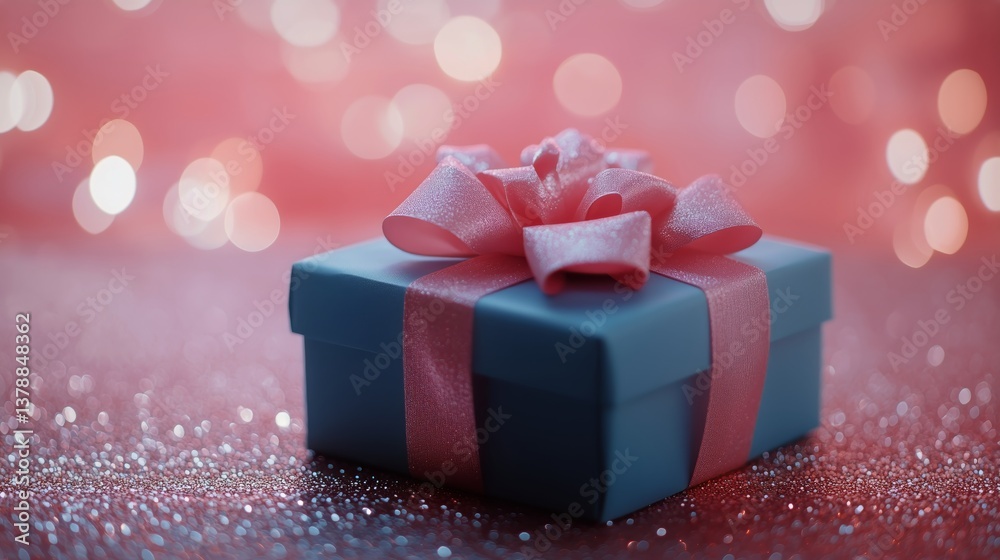 Beautiful Gift Box With Pink Ribbon and Sparkling Background During a Festive Event Beautiful Gift Box With Pink Ribbon and Sparkling Background During a Festive Event