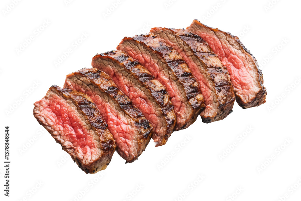 Juicy grilled medium rare steak slices on black background, cut out Juicy grilled medium rare steak slices on black background, cut out