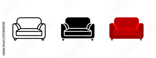 Sofa icon. Comfortable red couch with armrests vector illustration. Home furniture symbol for living room design, relaxation spaces and modern interior decoration concepts.