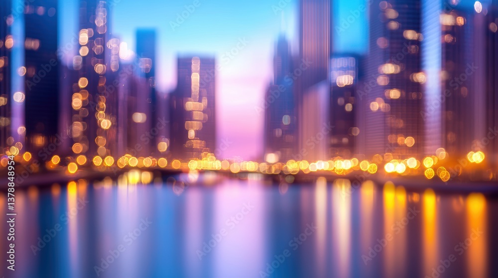 Fototapeta premium Downtown Bustling downtown cityscape with illuminated skyscrapers reflecting in the river.