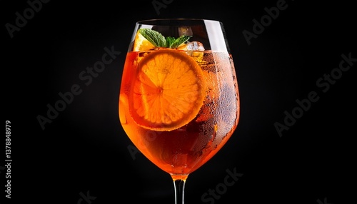 glass of aperol spritz cocktail on black background
