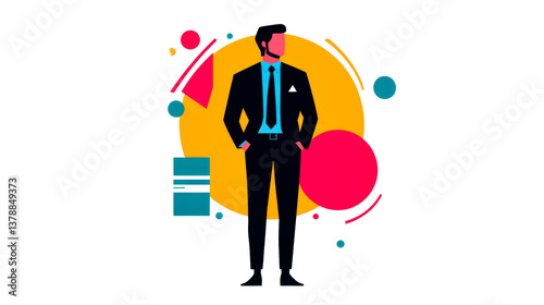 Businessman standing confidently with vibrant abstract design behind