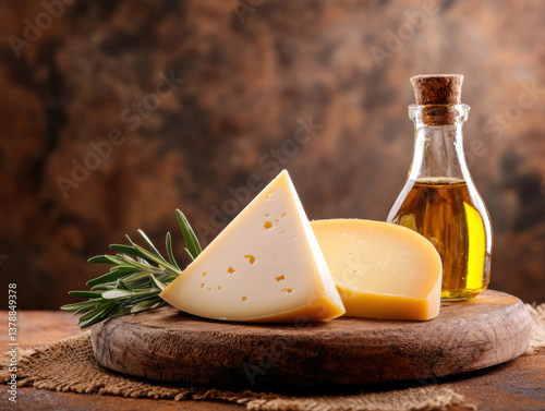 harmonious display of cheese, bottle of olive oil, and fresh herbs create rustic culinary scene. warm tones evoke sense of comfort and gourmet delight