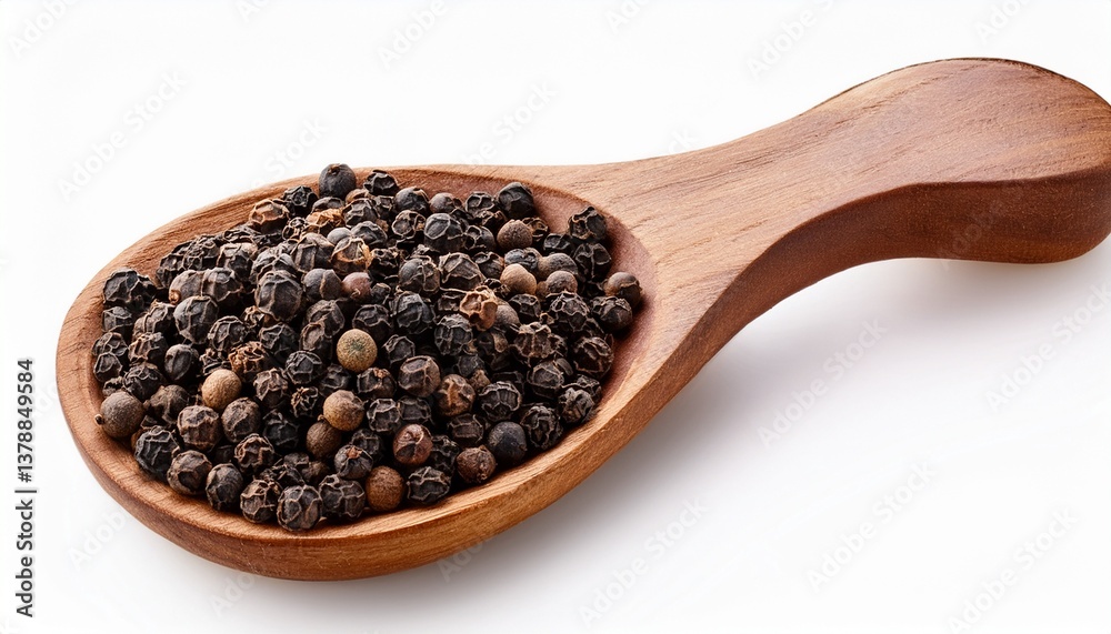 black peppercorns in rustic wooden spoon aromatic spice on white background close up isolated