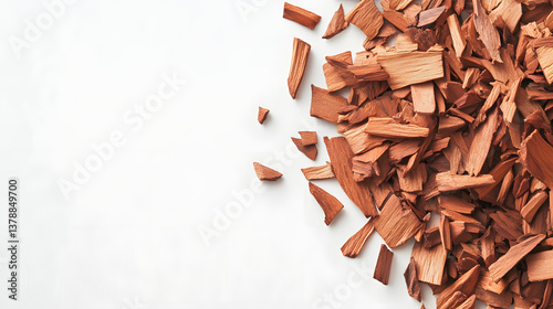0Whole sandalwood chips scattered across a smooth white surface, with their organic, rustic texture and warm orange-brown tones standing out.