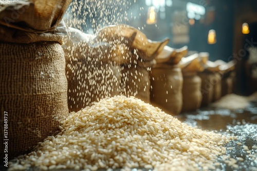 Burlap sacks filled with rice grains sit in a storage area as grains spill onto the floor, creating a textural contrast in the ambient light Generative AI photo