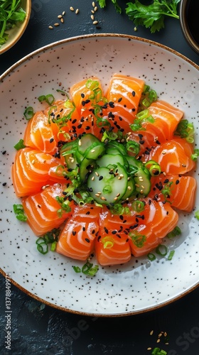 Fresh Sushi Rolls Topped With Salmon and Garnished With Green Onions Ready fo...