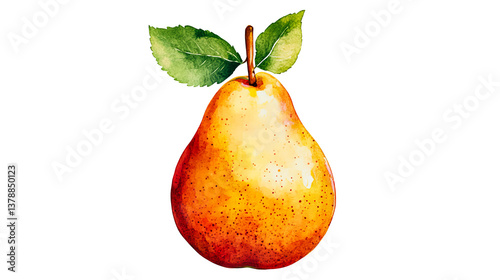 Colorful watercolor depiction of a ripe pear with green leaves