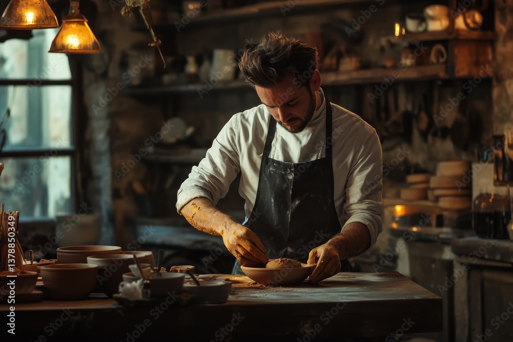Young caucasian male baker crafting artisan bread in rustic kitchen Young caucasian male baker crafting artisan bread in rustic kitchen