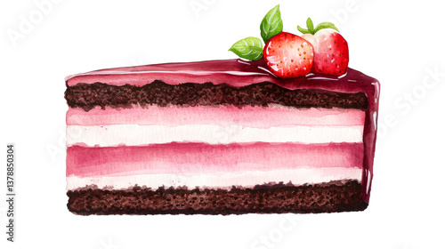 Delicious chocolate strawberry cake slice with transparent background