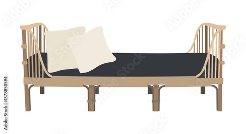 Outdoor, garden, porch zone furniture illustration. Cartoon style cozy back yard, boho living room furniture - rattan black comfortable day bed with pillows isolated 