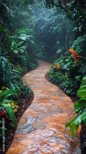 Exploring a Serene Pathway Surrounded by Lush Greenery in a Tropical Rainforest