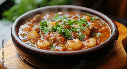 Delicious Shrimp and Meat Stew Garnished With Fresh Herbs Served in a Rustic ...