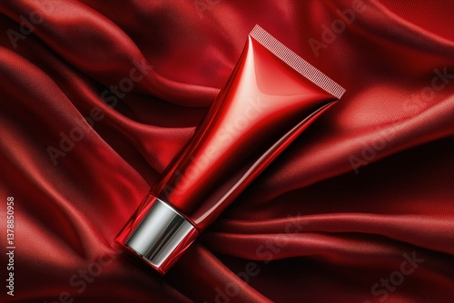 Luxurious Red Cosmetic Tube Resting on Silky Red Fabric in Elegant Setting