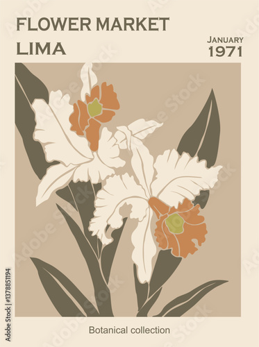 Abstract flower print - Flower Market Lima. Trendy botanical wall art with floral design in sage green colors. Modern naive groovy funky interior decoration, painting. Vector art illustration