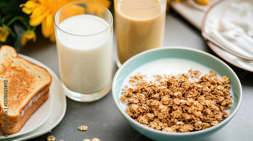 Milk vs Soy Concept, Morning Breakfast Table with Granola Bowl, Toast, Milk, and Refreshing Drinks Surrounded by Fresh Flowers Milk vs Soy Concept, Morning Breakfast Table with Granola Bowl, Toast, Milk, and Refreshing Drinks Surrounded by Fresh Flowers