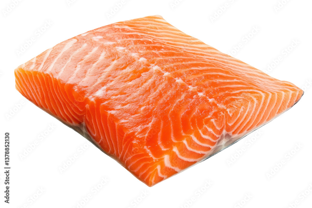 Fresh raw salmon fillet with marbled orange texture on black background, cut out Fresh raw salmon fillet with marbled orange texture on black background, cut out