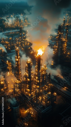 Industrial Complex at Dusk With Smoke and Lights in a Vibrant Sky