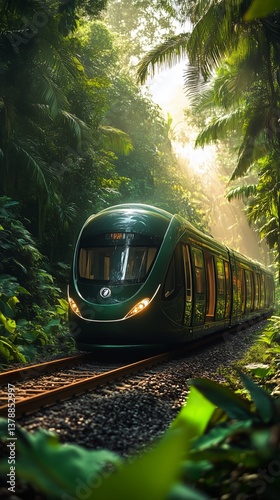Train Travels Through Lush Jungle Landscape on a Serene Morning With Bright G...