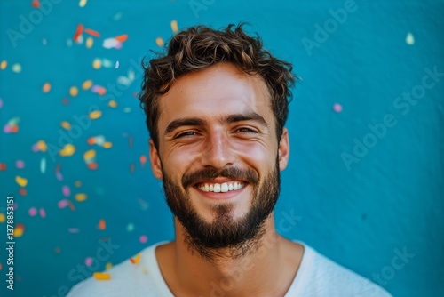 Smiling Man Celebrating With Colorful Confetti in a Vibrant, Cheerful Setting