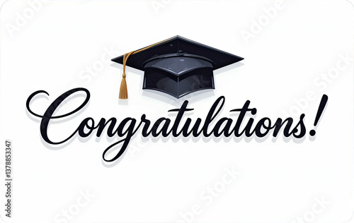 Graduation cap, celebratory, with congratulations text, white background, copy space