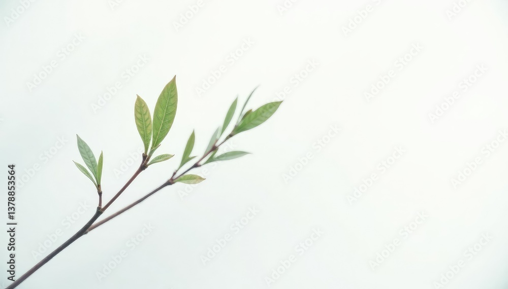 Obraz premium Delicate branch with slender leaves against a white background, delicate, white